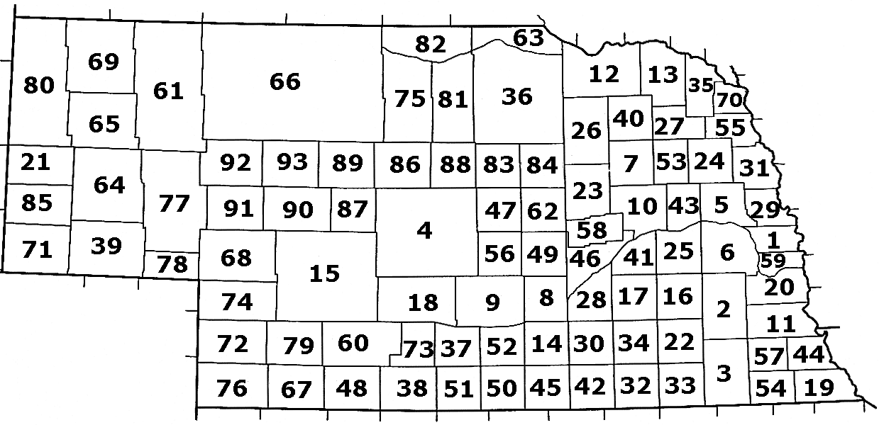 Nebraska plate numbers Map of Nebraska showing the license plate county number for each of the 93 counties