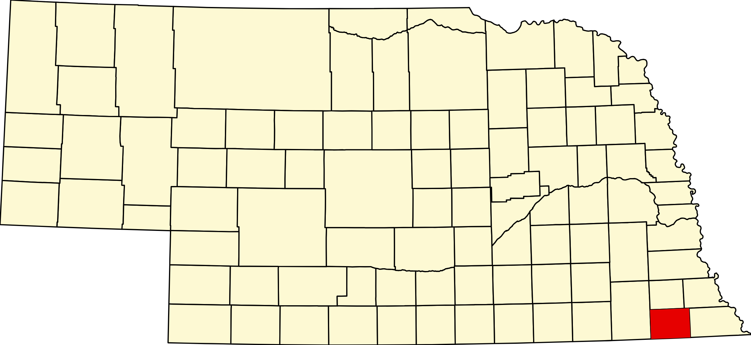 Map of Nebraska highlighting Pawnee County