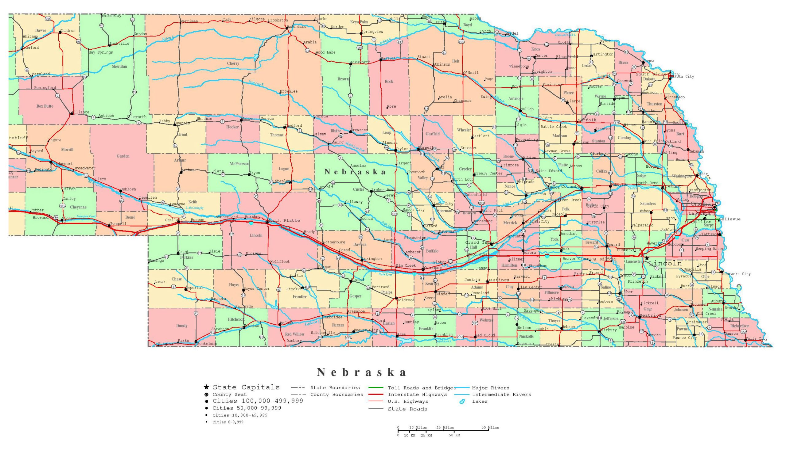 map of Nebraska with roads highways and towns