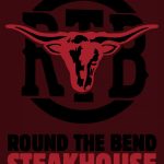 Round the Bend Steakhouse logo with a red longhorn skull over bold black letters on a dark red background
