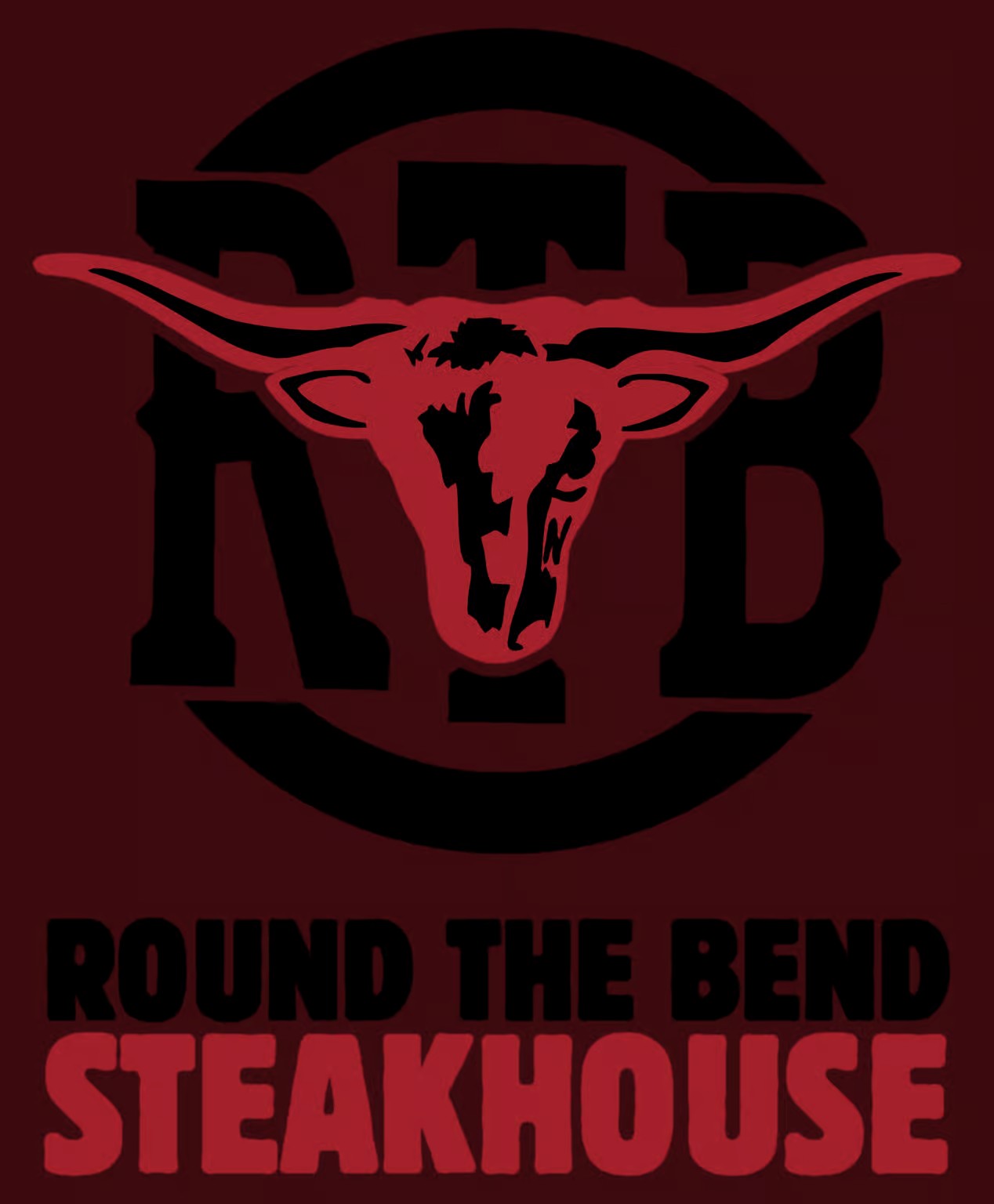 Round the Bend Steakhouse logo Round the Bend Steakhouse logo with a red longhorn skull over bold black letters on a dark red background.