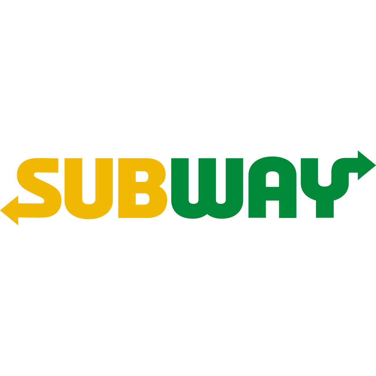 Subway logo: bold yellow and green wordmark with left- and right-pointing arrows