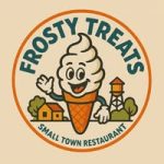 Frosty Treats Nebraska Directory Logo for Frosty Treats a small town restaurant featuring a smiling ice cream cone character inside a circular badge with trees and houses