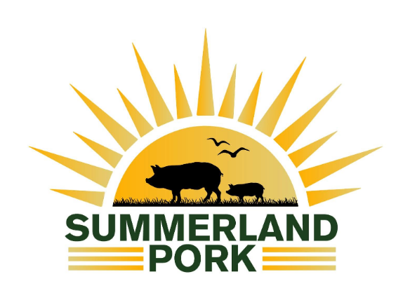 summerland-pork-logo-clean Summerland Pork logo with a rising sun, silhouettes of pigs in a field, and green text 'SUMMERLAND PORK' with gold stripes beneath.