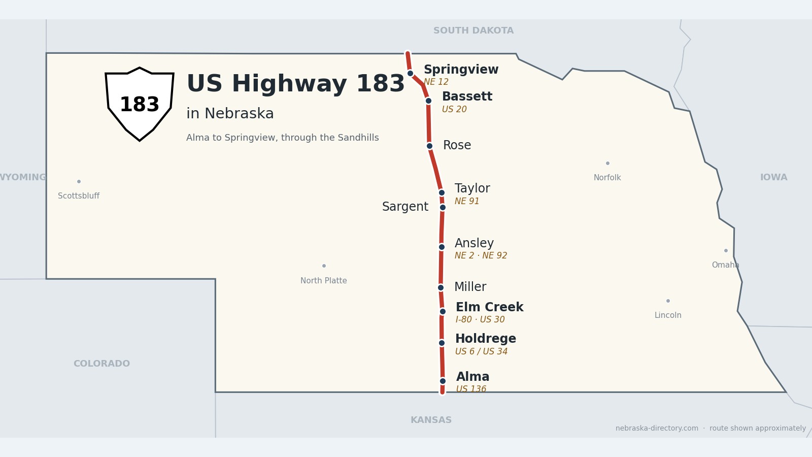 Map of US Highway 183 in Nebraska