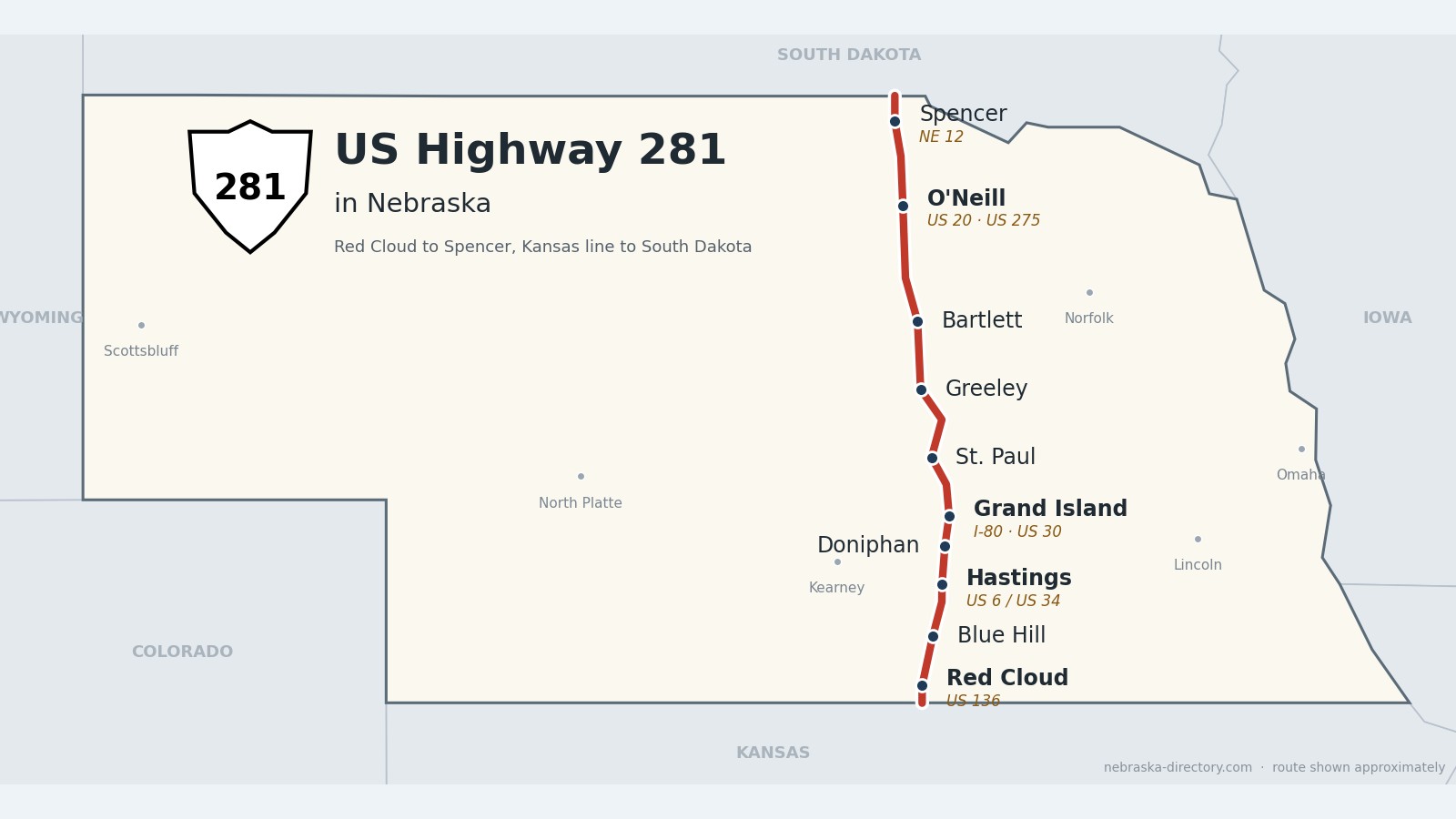 Map of US Highway 281 in Nebraska