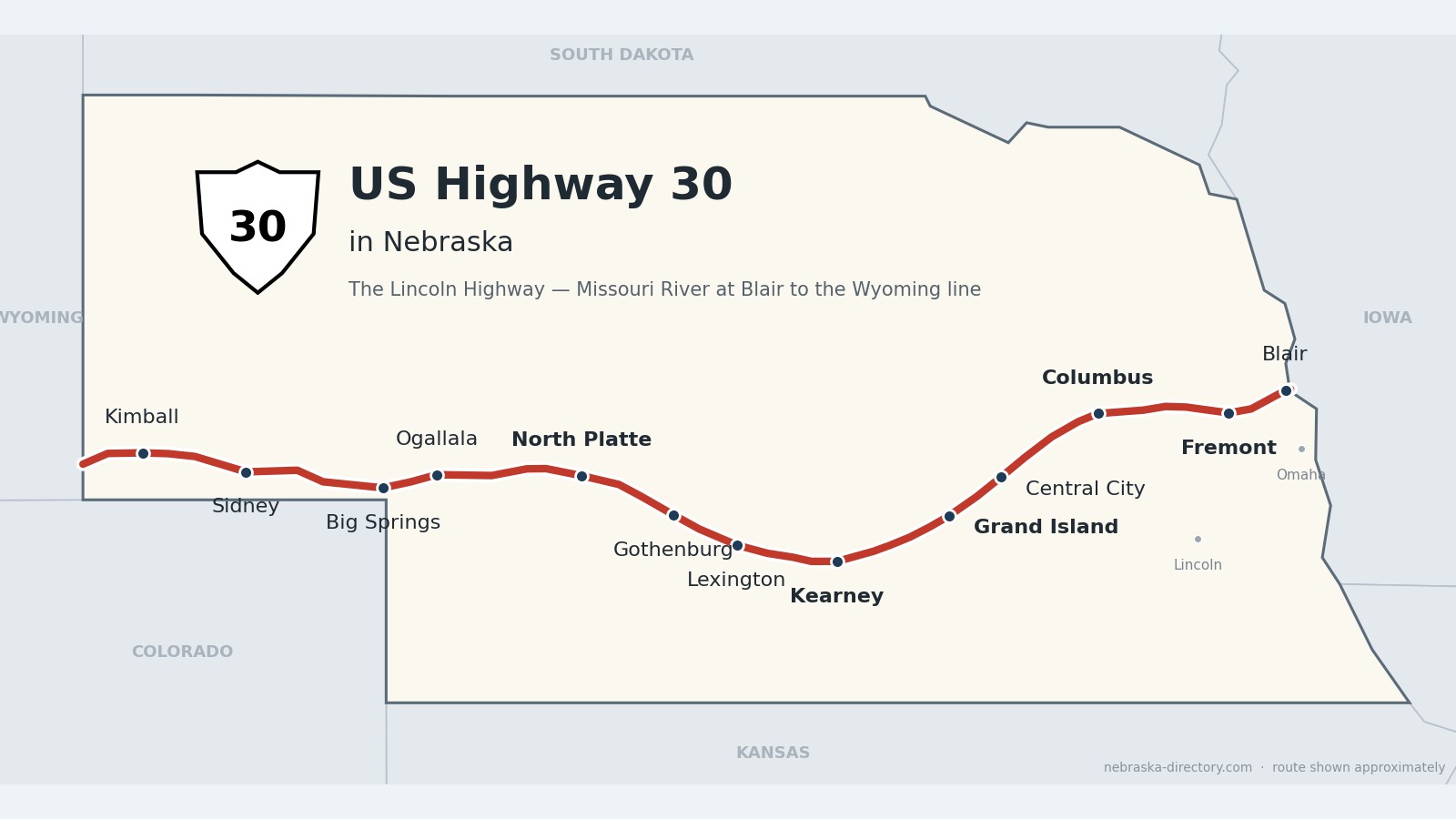 Map of US Highway 30, the Lincoln Highway, in Nebraska