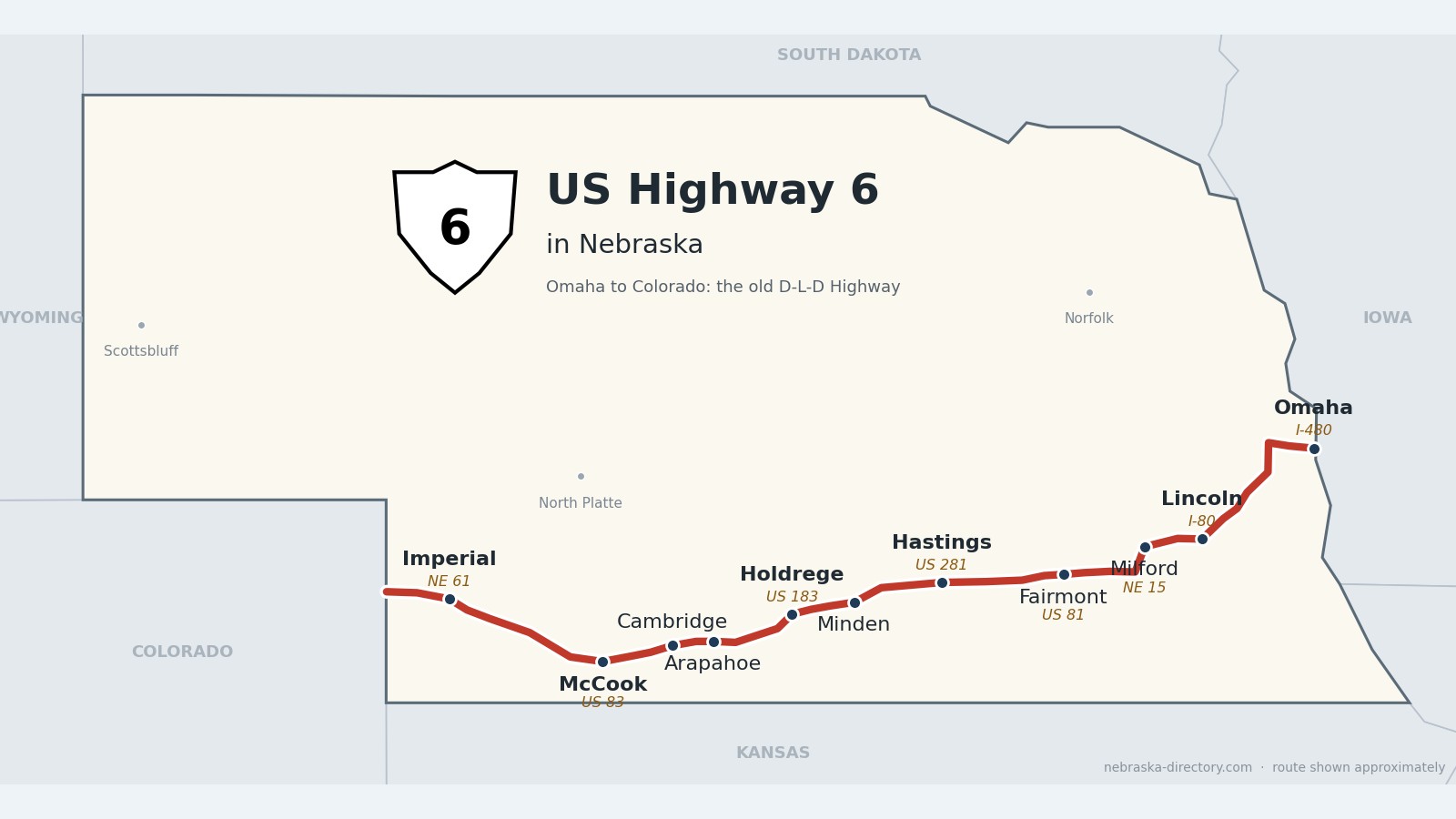 Map of US Highway 6 in Nebraska