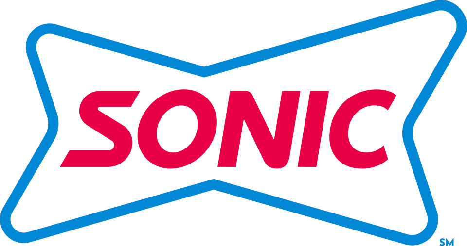 Sonic logo: bold red 'SONIC' text on a white starburst with a blue outline.