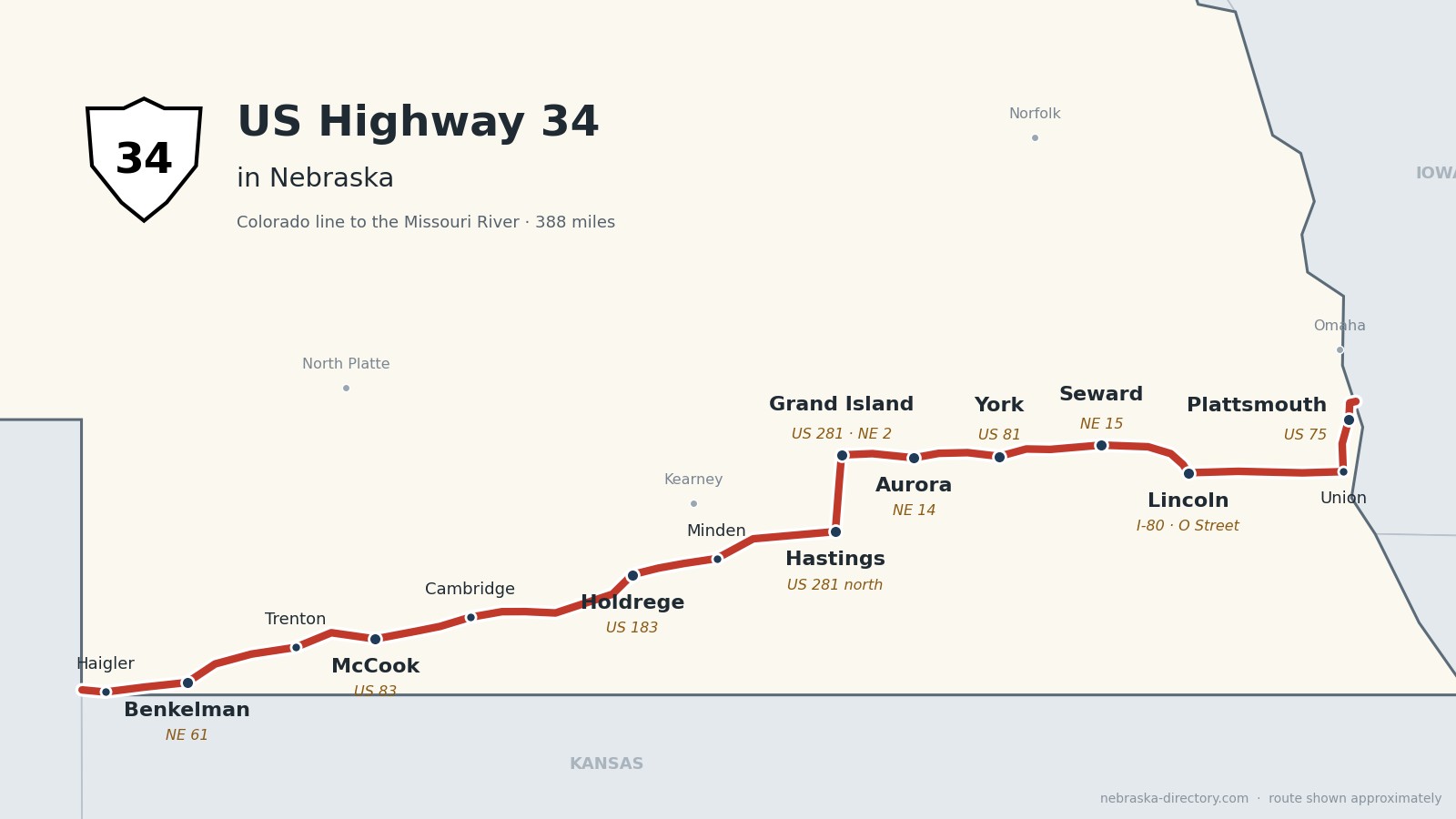 Map of US Highway 34 in Nebraska