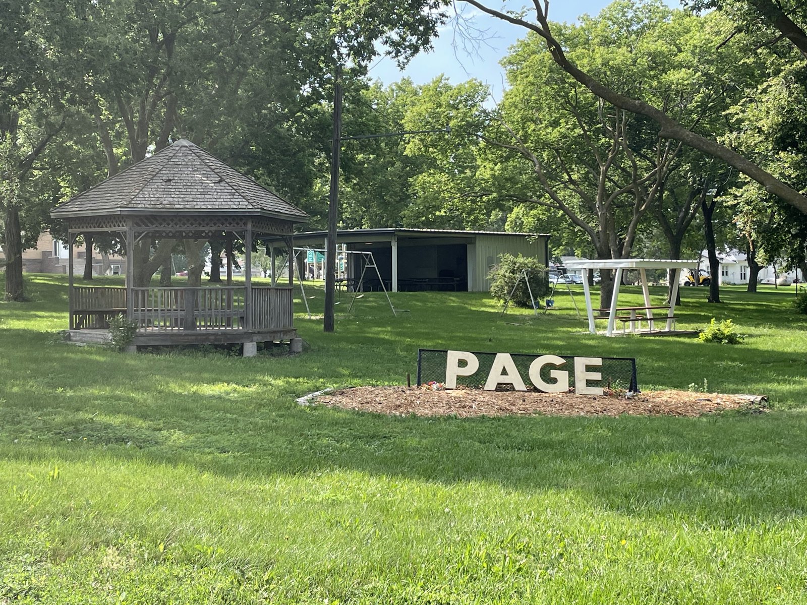 PAGE sign and gazebo in the park, Page, Nebraska
