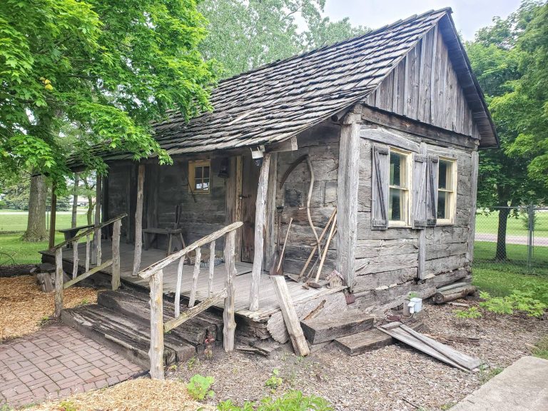 The 1869 Skala Timber House, a Czech post-and-panel log house, in Battle Creek Heritage Park