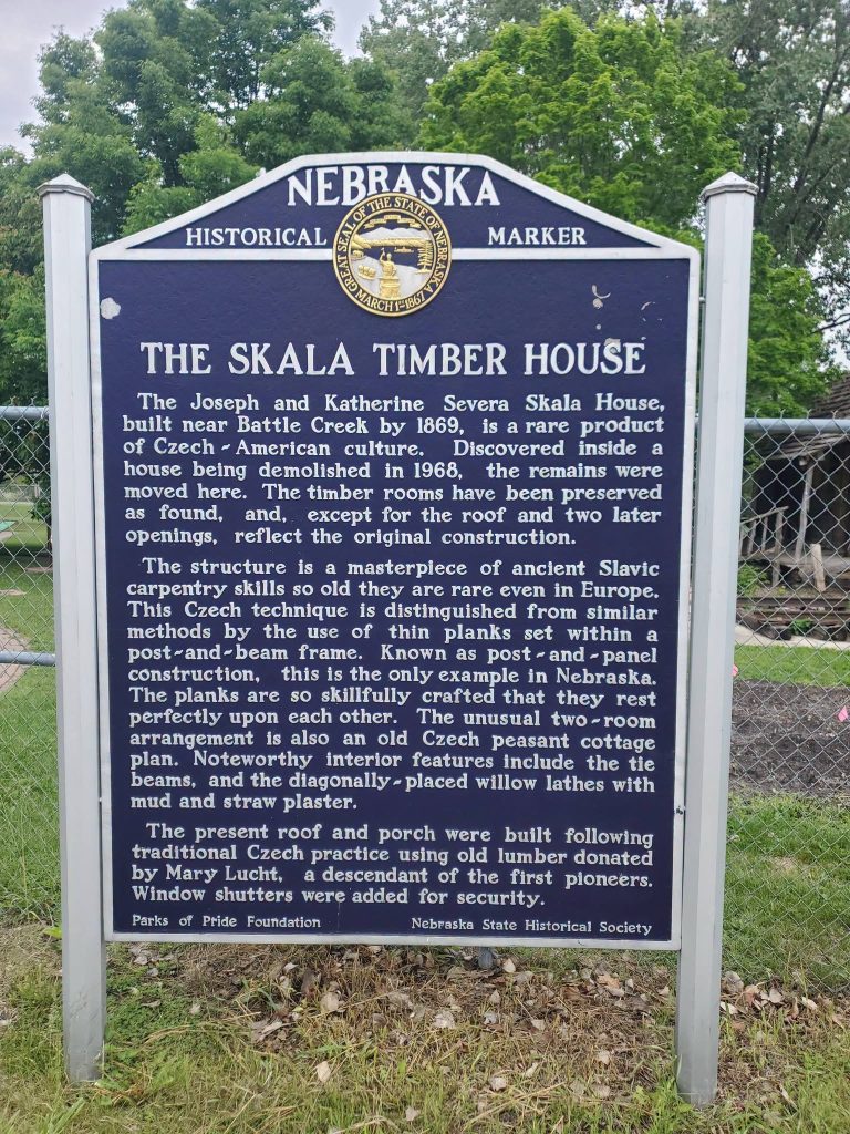 Nebraska State Historical Society marker for the Skala Timber House in Battle Creek